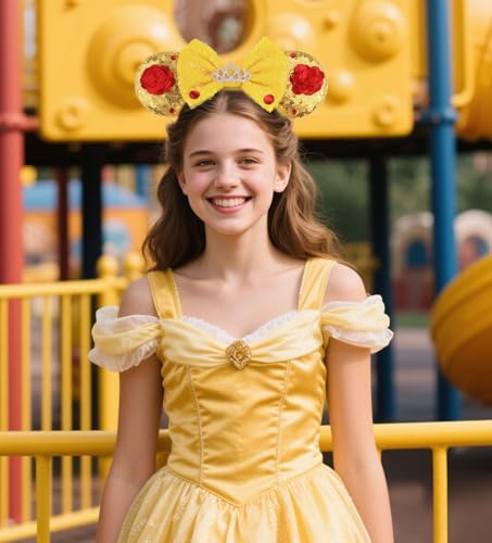 Mouse Ears Headband with Beauty Red Rose, Princess Belle Ears Headbands for Halloween Costume, Princess Party Headwear Hair Accessories for Women - Red Rose2