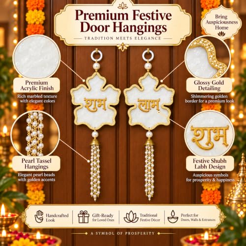 Image of Akaar Decor Artificial Marigold Door Hanging Toran | Diwali Decoration Items for Home Decor| Festive Decor| Office Decor| -(L:Approx. 2.5ft) (Acrylic Shubh Labh White)