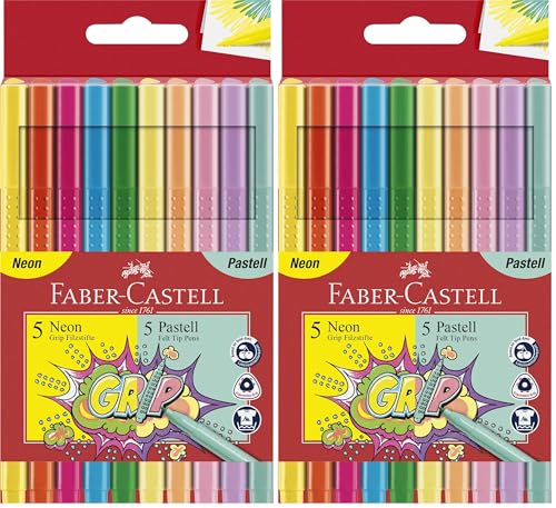 Faber-Castell 155312 - Grip Fasermaler Neon & Pastell, 10er Etui (Packung mit 2)