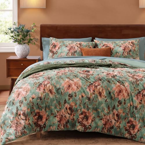 CASAAGUSTO Full Comforter Set, 7 PCS Sage & Red Floral Comforter Set with Flowers Leaves Pattern, Soft Velvet Design for Winter Full Size Bedding Set(80"X90")