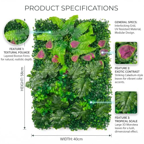 Image of Dekorly Artificial Grass Wall Panels | Indoor Outdoor Decoration | Garden, Floor, Balcony Home Decoration | Vertical Garden Artificial Wall Plants (Monstera Leaf Mat, 58cm x 40cm)