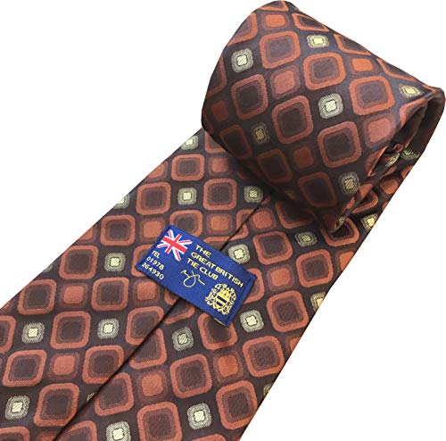 Men's Silk Extra Wide 5 Inch Kipper Neck Tie (Brown Retro Square Print) #TOP1