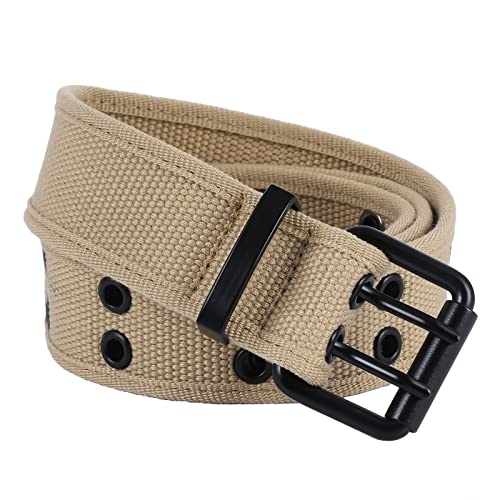 moonsix Canvas Web Belts for Men,Solid Color Casual Double Hole Grommet Belt,Khaki