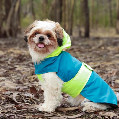 Image of Waterproof Dog Raincoat with Hood | Double Coloured Blue-Green | Adjustable Velcro | Extra Coverage | Easy to Carry Pouch | for Small, Medium and Large Breed Dogs (Maxi Adult (5XL))