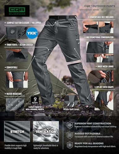 Image of CQR Men's Convertible Cargo Tactical Pants, Water Resistant Outdoor Hiking Pants, Zip Off Lightweight Stretch Work Pants
