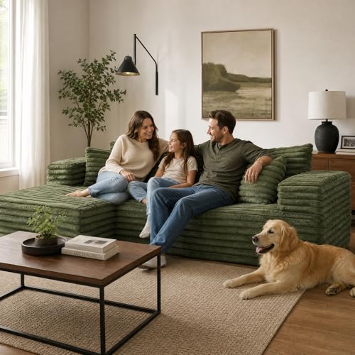 Image of 2 inch Corduroy Boneless Couches for Living Room, L Shape Sofa with Chaise | 102.4 inch Modular Sectional Sofa, Cloud Couch Sectional with Deep Seat, No Assembly, Green, Left Chaise