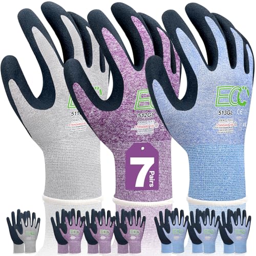 Image of 7 Pairs Women Gardening Gloves, EN388 2131X Outdoor Protective Work Gloves with Breathable Micro-Foam Coating for Gardening, General Purpose, Courtyard, 3 Purple + 3Blue +1 Grey | 3 Purple + 3 Blue + 1 Gray, Breathable Nylon Knit, Secure Grip, Recycled PET, Ideal for Gardening, Yard & General-Purpose