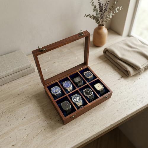 Image of Vintage Wooden Watch Box for Men, Timepiece Display Case, Storage Organizer, Jewelry Box for Women, Gift for Men - Sheesham Wood, Handmade Cushions & Paddings (8 Grooves)