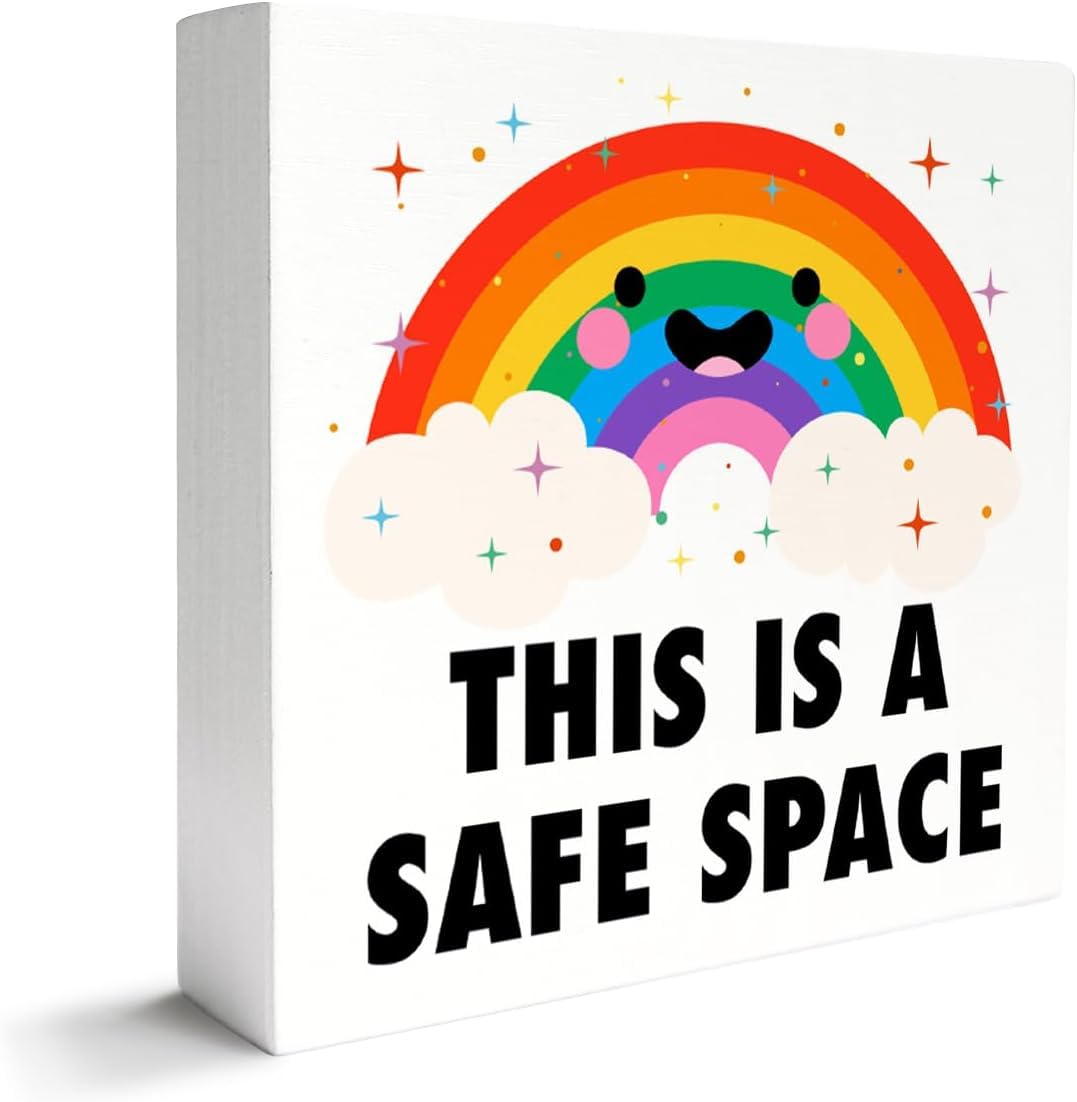 Safe Space Rainbow Box Sign 7x7 Inch Wooden Desk Decor