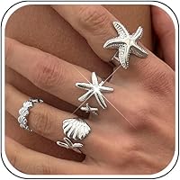 Starfish Seashell Stackable Rings Set - Gold Silver Adjustable Boho Beach Open Rings for Women Ocean Vacation Jewelry