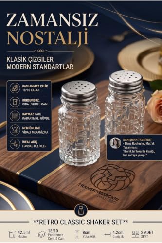 Retro 2'li Cam Tuzluk Biberlik Seti Klasik Kare Kabartmalı Baharatlık Takımı Paslanmaz Çelik Vidalı Metal Kapaklı Lokanta Tipi Set 723492