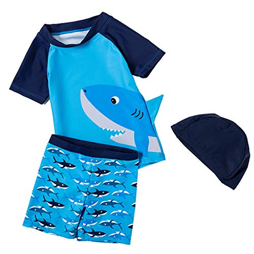 Baby Toddler Boys Two Pieces Swimsuit Set Shark Bathing Suit Rash Guards Swimwear with Hat UPF 50+ (Shark Blue, 2-3Years)