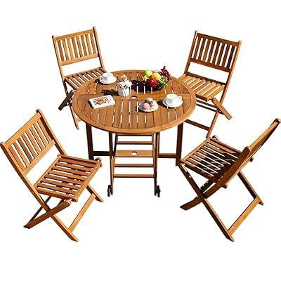 Greesum 5 Piece Patio Dining Set Outdoor Acacia Wood Furniture All-Weather Folding Round Table and Chairs for Backyard, Balcony, Porch, Deck, Garden, Light Brown