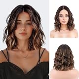 NOSTALGIA Brown Wavy Wig for Women Short Curly Brown Blonde Bob Wig 14' Shoulder Length Middle Part Synthetic Heat Resistant Wig for Daily Party Use