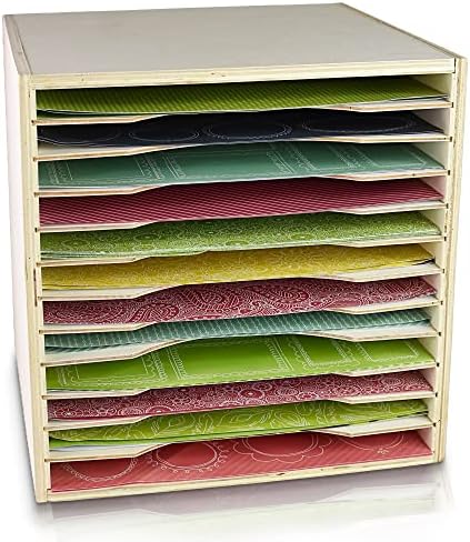 Tavenly Natural Wood Finish Paper Storage Organizer Cube - IMPROVED Perfect for Sizes 12 x 12 - 12 Tray File Box Organizer - Classroom & Office Desk Accessories - 12 Slot Paper Organizer for Desk