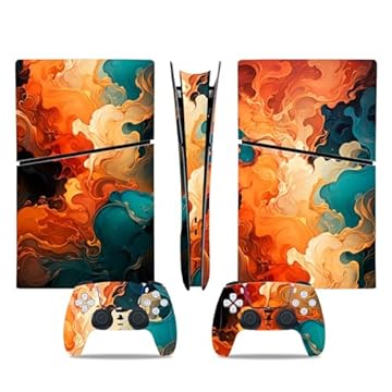 PS5 Slim Skin Digital Edition Console e Controlador, PS5 Slim Adesivos Adesivos de Vinil para PlayStation 5 Console e Controladores, Edição Digital (linhas laranja e verde)