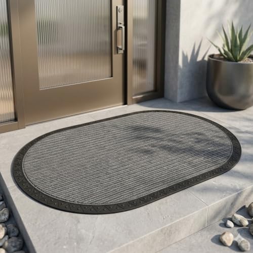 Image of Heavy Duty Front Door Mat 45 x 75 cm, Outdoor Indoor Welcome Mat, Non Slip Dirt Trapper Entrance Rug for Entryway, Patio & Porch,Washable Low Profile Foot Mat (Grey Oval 2 x 3.5 feet)