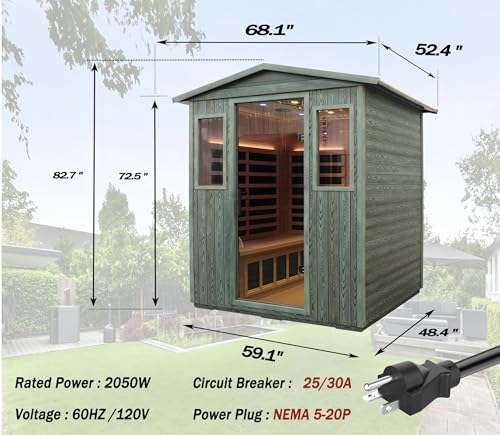 Image of LTCCDSS Carbonized Composite Wood Outdoor Sauna 4-Person - Low EMF Far Infrared Sauna for Home - Bluetooth Speakers, LED Reading Lamps, Chromotherapy Lights (68.1 * 52.4 * 82.7 inch)