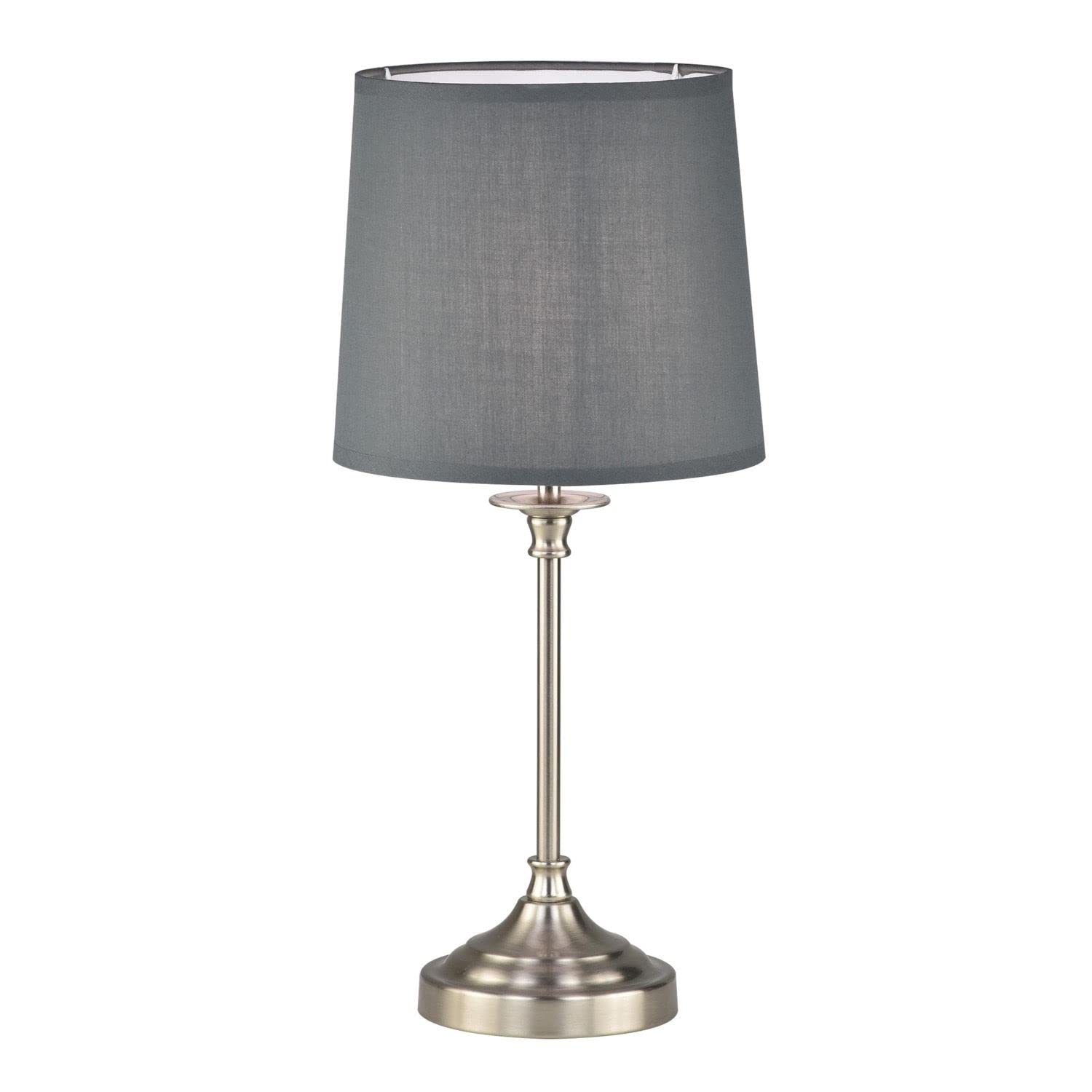 firstchoicelighting Brushed Nickel Table Lamp or Bedside Light, Classic Design,Grey Fabric Shade, 47cm Height, LED Compatible