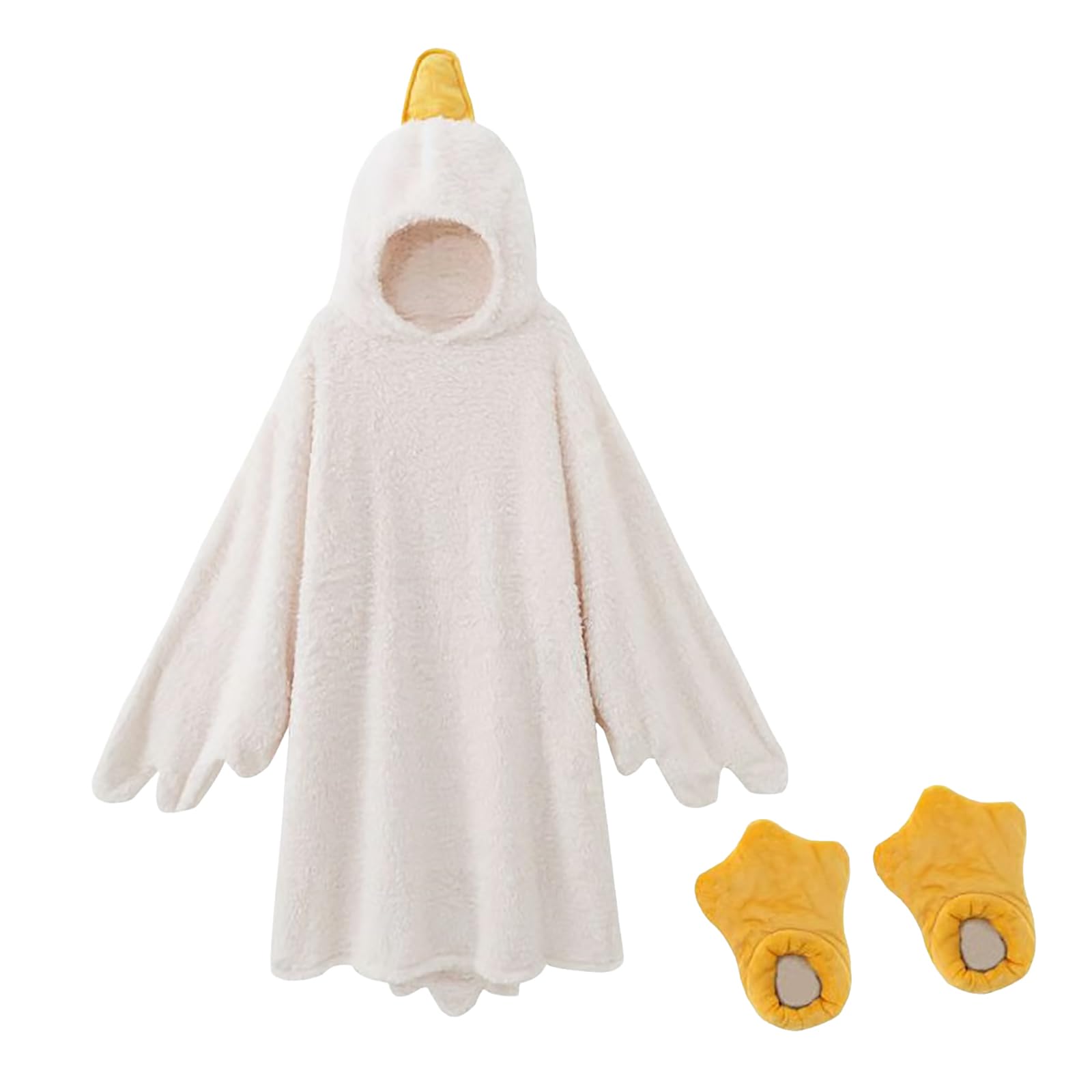 Duck Onesie Kids, Funny Goose Plush Hooded Costume Set with Webbed Foot Covers, Fluffy Animal Fancy Dress Outfit, Cosplay Costume for Halloween Party Stage Performance, Boys Girls Aged 4-11 Y