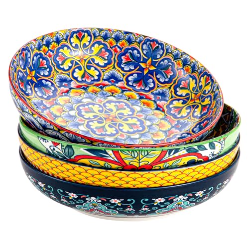 HENXFEN LEAD Saladiers 1330 ml, assiettes creuses, assiettes à pâtes, lot de 4 en porcelaine, grands plats de service colorés pour pâtes, nouilles, salade, soupe, style bohème