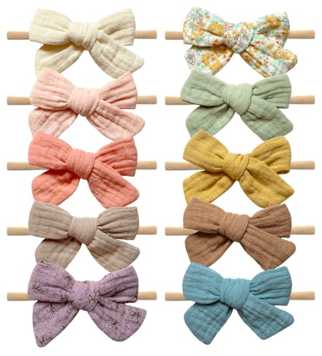 Cherssy Baby Muslin Hair Bows and Headbands, 10pcs Soft Nylon Hairbands for Newborn, Infants, Toddlers