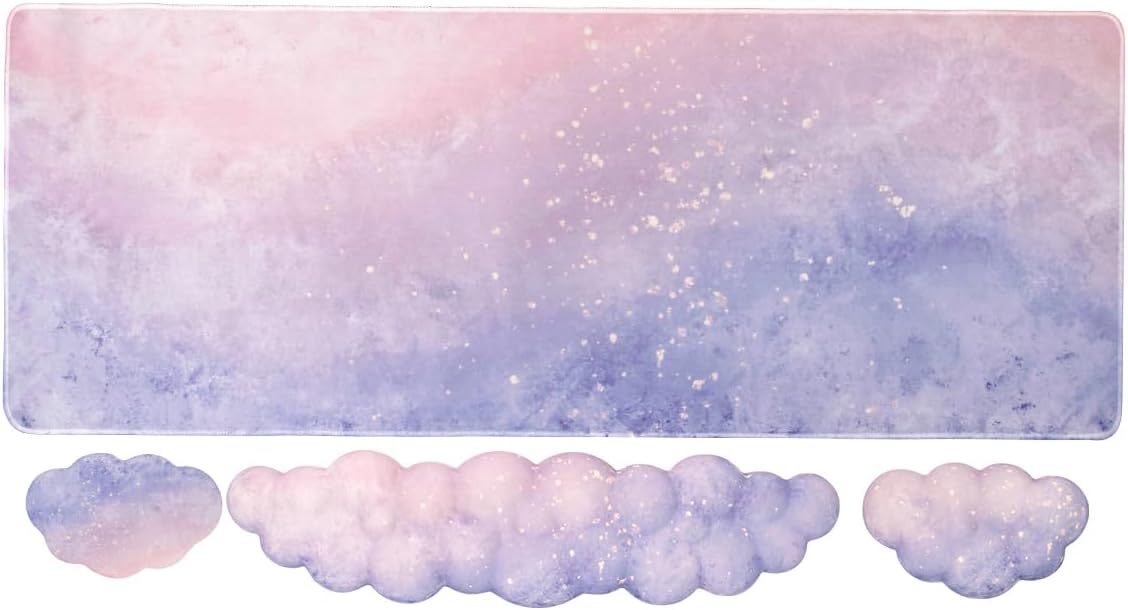 Gaming Desk Mat with Keyboard Wrist Rest Set, 4 in 1 Large Mouse Pad & Cloud Keyboard Wrist Rest& Mouse Wrist Rest&Coaster, Comfort and Support for Typing and Gaming(Purple)