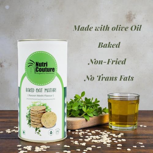 Image of Nutri Couture Baked Oats Mathri Kasoori Methi | Healthy Namkeen Snack | High Fiber, Low Fat, Diabetic Friendly | Wheat Free, Vegan | Made in Olive Oil, No Palm Oil, No Preservatives | Crispy Tea Time Snack