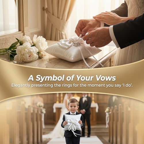 Image of Wedding Ring Bearer Pillow with Satin Bow, Pearl Detail White Ivory | Ivory satin fabric, pearl detail, classic bow, soft cushion, for wedding ceremony ring bearer