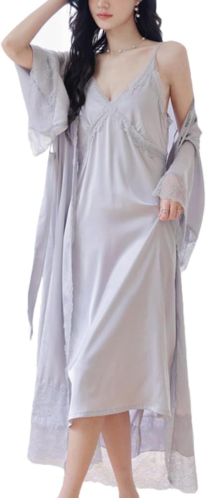 2 Piece Women Satin Nightgowns and Robe Set Sexy Lace Silk Slip Dress Long Home Suit Nightdress Sleepwear