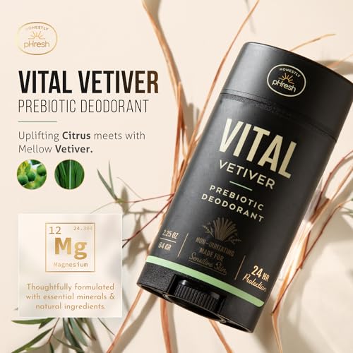 Image of Honestly pHresh Prebiotic Natural Deodorant for Men - Aluminum & Baking Soda Free with 24 Hour Odor Protection. Clean Vegan Deodorant for Sensitive Skin. Made In USA - Vital Vetiver Scent, 2.5 oz