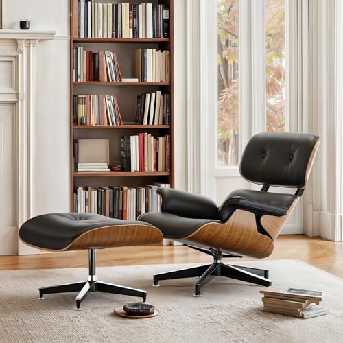 Image of Top Black PU Leather, Mid Century Chaise Lounge Chair and Ottoman, Modern Chair Classic Design, Walnut Wood, Heavy Duty Base Support for Living Room Office