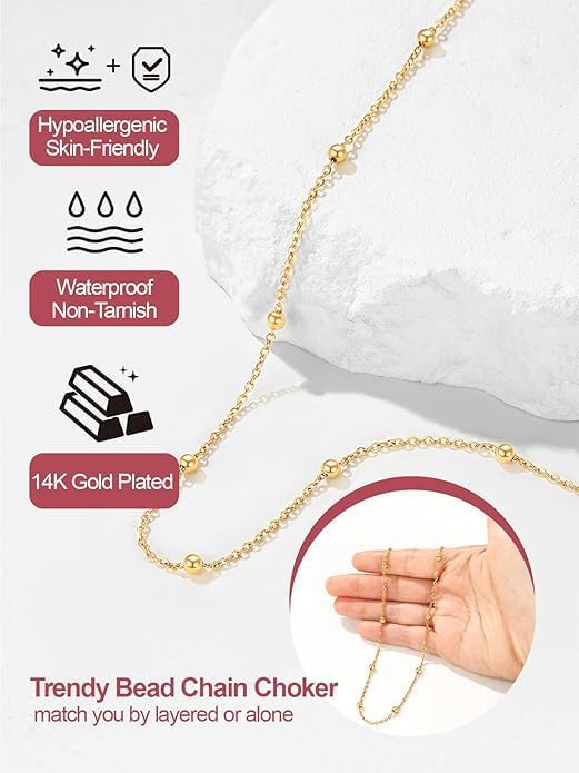 FOCALOOK Choker Necklace for Women Dainty 14K Gold Plated Double Layered Necklace Silver Black Metal Satellite Beaded Boho Choker Chain - Image 4