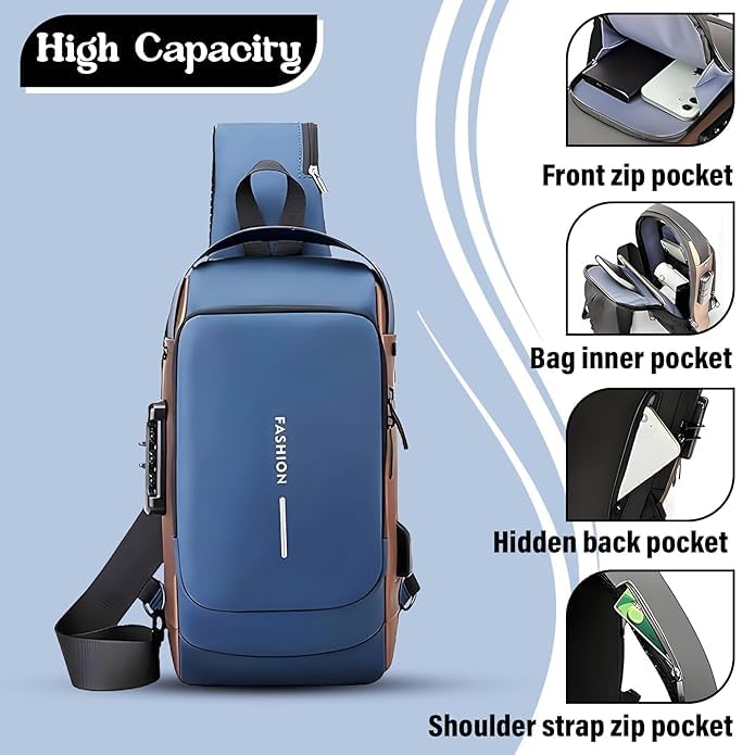 Image of Anti Theft Sling Bag Waterproof Crossbody Backpack With USB Charging Port Slim Unisex Shoulder Messenger Bag For Travel Casual Use Compact Chest Bag 33x21x7 Cm Stylish Durable Design