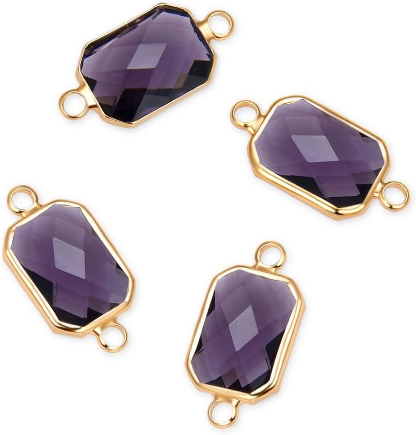 Adabele 30pcs Grade A February Amethyst Purple Birthstone Connector Rectangle Radiant Cut Link 14mm 18K Yellow Gold Plated Crystal Rhinestone Bead for DIY Craft Jewelry Making CCP12-G2