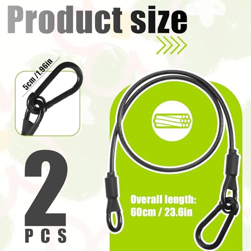 2 Pcs Steel Cable with Loops and Carabiner Hook, Safety Cable Lock Vinyl Cover Coated Stainless Steel Wire Rope Flexible Heavy Duty Security Cables for Luggage Bike Camping Bird Feeders(23.6\" Length)