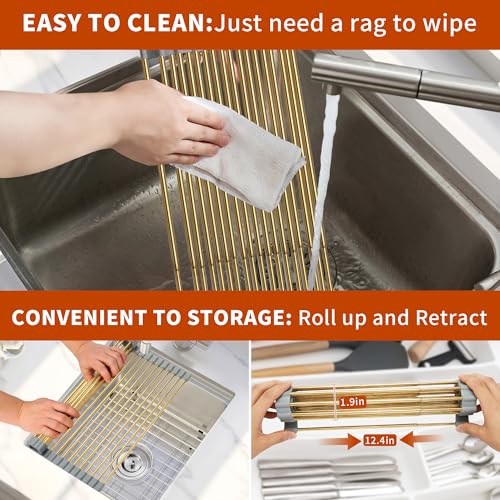 HAYAWEY Golden Expandable Roll-UP Dish Drying Rack-Large 304 Stainless Steel Dish Drainer Over The Sink for Kitchen Countertop,Extendable & Rollable & Food Grade (Gold,22.08'x 13.2') by HAYAWEY - Image 6