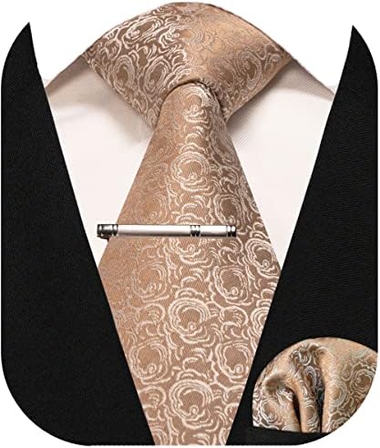 RBOCOTT Champagne Floral Tie and Pocket Square with Tie Clip Sets for Men Business Necktie（28）