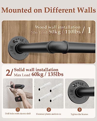 Bodato Industrial Clothing Rack 38.4’’ For Wall, Heavy Duty Pipe Clothes Rack Wall Mounted For Hanging Clothes Garment, Closet Rod Hanging Bar For Walk-In Closet #TOP4