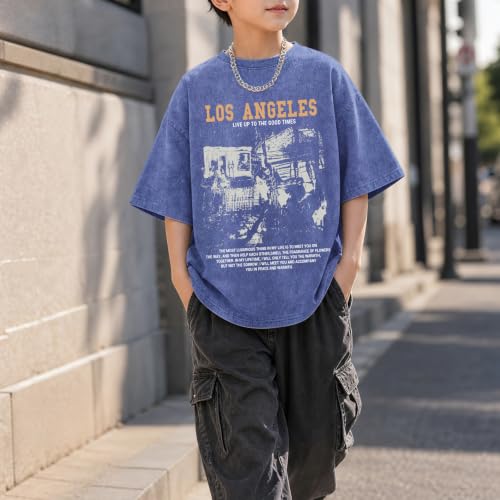 Image of Oversized Boys Graphic Tees Acid Wash Los Angeles Tshirt Youth Cotton T Shirt Crewneck Tee Kids Short Sleeve Tops