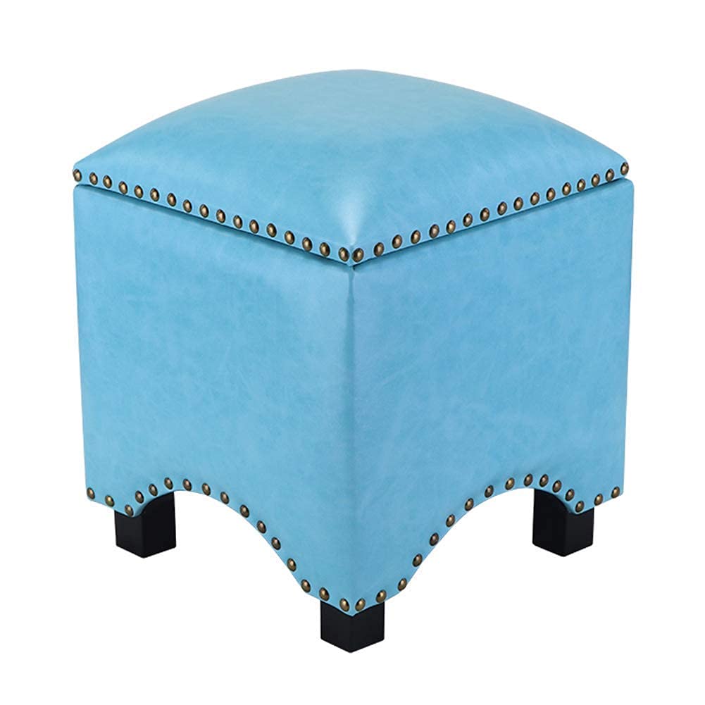 Pouf de rangement ottoman en similicuir bleu pour salon 35cm