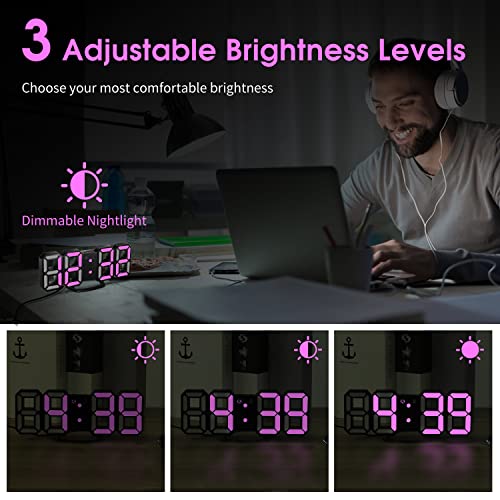 Image of 3D LED Wall Clock, 8.4 inch Digital Wall Clock, LED Clock with 3 Adjustable Brightness Levels for Home Kitchen Office(with Cable but NOT Battery Operated)