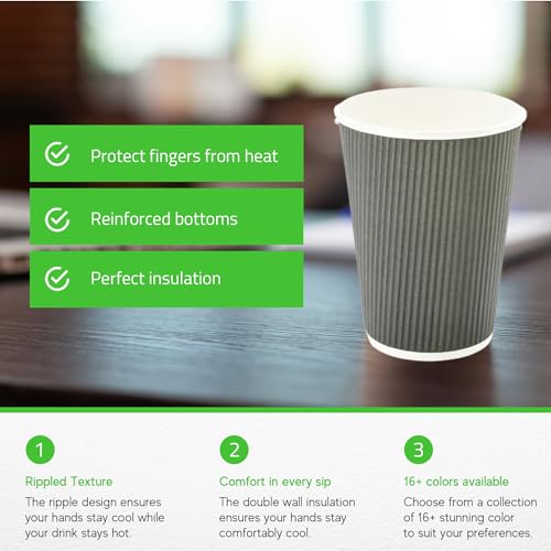 Restaurantware Ripple Wall Coffee Cups 500 Count 12 Ounce Insulated Gray Paper Cups, Rolled Rim Spill-Resistant Disposable Paper Non-Slip for Coffee, Beverages by Restaurantware - Image 2