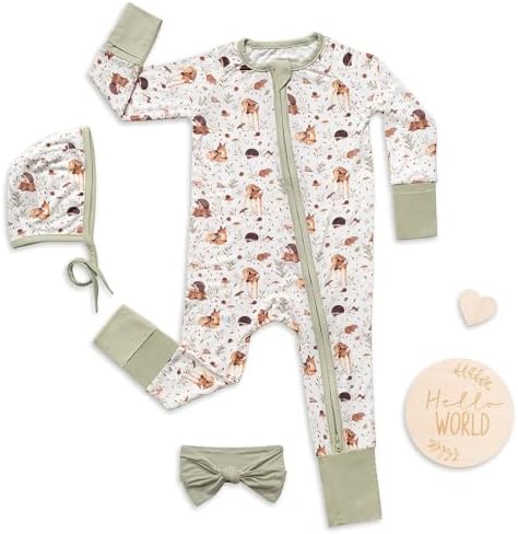 Miaoberry 95% Viscose from Bamboo 5% Spandex Baby Sleeper Gift Set – Footed Pajamas with Bonnet, Bow & Hello World Sign, Soft Neutral Newborn Coming Home Outfit – Woodland Deer Print