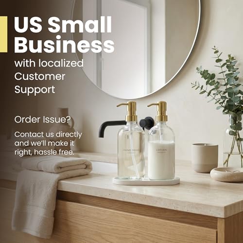 Image of MaisoNovo Bathroom Soap Dispenser Set- Soap and Lotion Dispenser Set with Clear Soap Dispenser, Gold Pumps & Concrete Tray