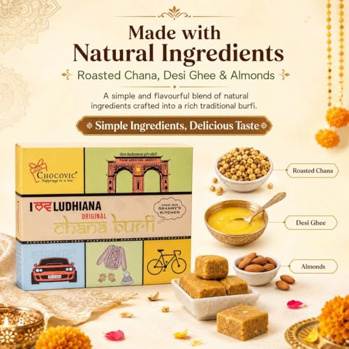 Image of Chocovic Roasted Chana Burfi 500g Eco Box | Premium Indian Sweet Made with Finest Chickpea Flour & Assorted Nuts | No Added Colours, Preservatives or Flavours | Vegetarian Traditional Mithai