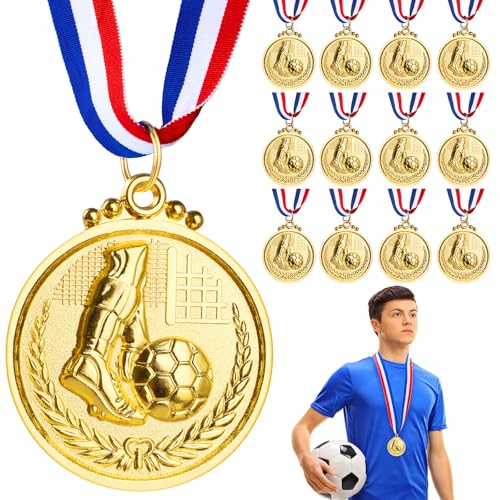 Hianjoo Medallas de Metal, Paquete de 12 Medallas de Fútbol para Niños y Adultos Ganador de Premio de Metal Dorado con Cinta para el Cuello, para Competiciones y Celebraciones de Fiesta de Fútbol