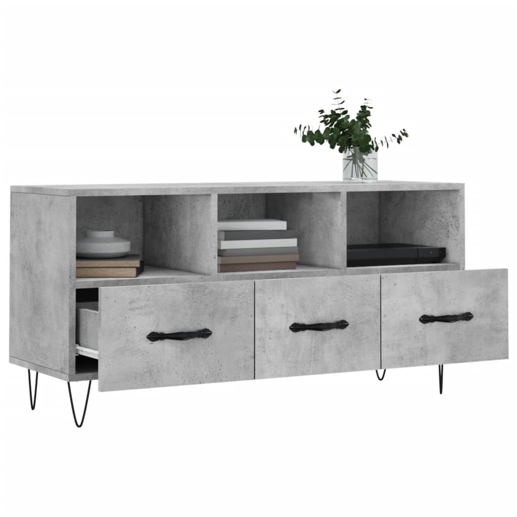 le Konsola TV z Ders, szary cement h, 102 x 36 x 50 cm, wielowarstwowe drewno i żelazo, eleganckie futro do salonu, nowoczesny stojak na telewizor, szafka Sto na akcesoria telewizyjne