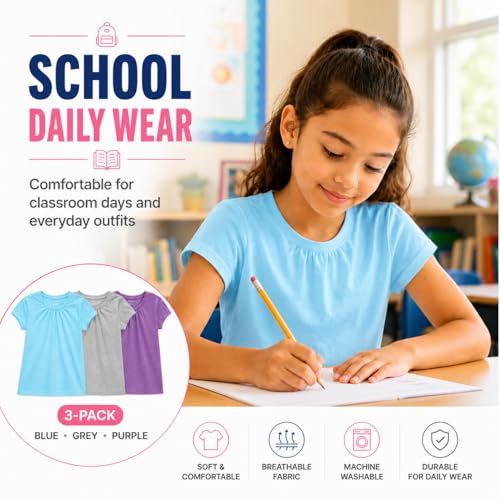 Image of Bienzoe Plain Solid Girls T-Shirts: School Basic Tee 3-Pack | Short Sleeve, Ages 4-13, PE, Recess, Outdoor Play, Soft Cotton Blend, Breathable Quick-Dry, Easy Care, Easy to Mix and Match