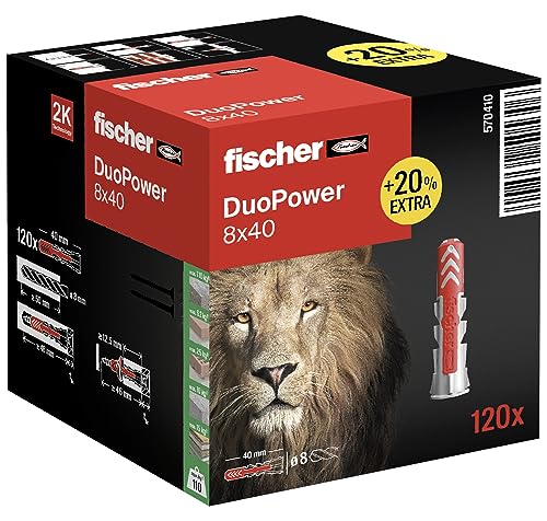 fischer DuoPower 8 x 40 in der attraktiven Löwen-Aktionsbox, Universaldübel, leistungsstarker 2-Komponenten-Dübel zur Befestigung in Beton, Ziegeln, Stein, uvm., mit 20% mehr Inhalt, 120 Stück